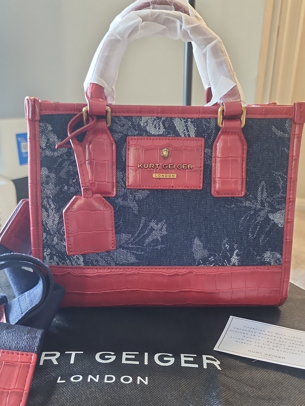 Kurt Geiger Denim Satchel with Red Croc-Effect Trim